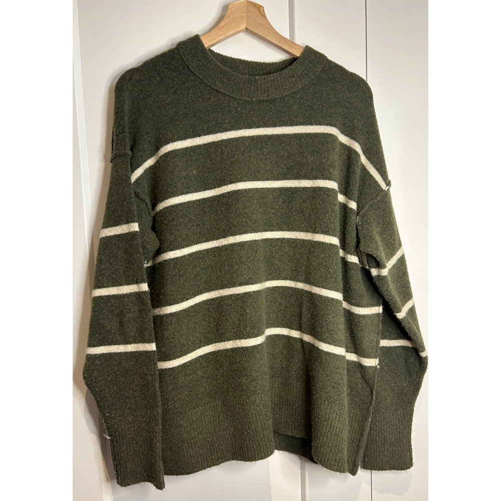 Aerie Womens XS Olive Green Cream Striped Oversized Crew Neck Knit Sweater